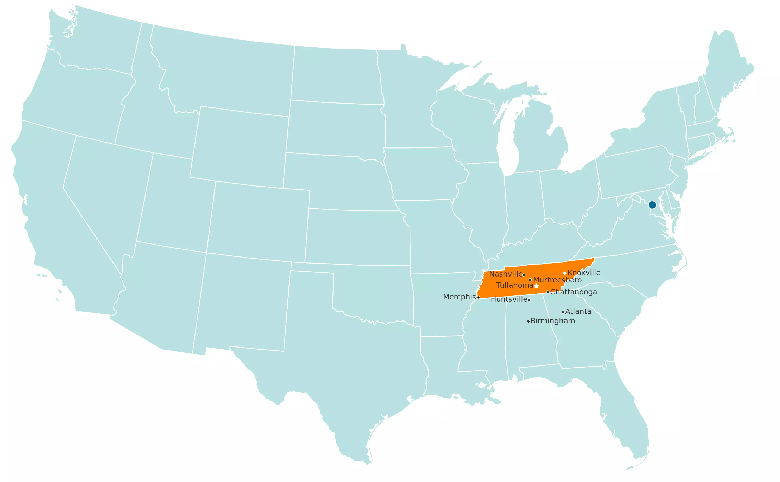 A map of the U.S. with Tennessee highlighted in orange and large cities surrounding Tullahoma pointed out.